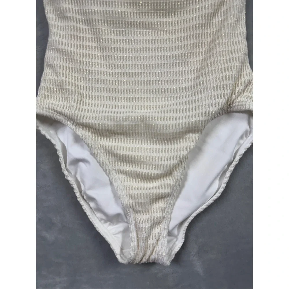 NWT Michael Kors One Piece Swimsuit Women Cream Gold Metallic Shoulder 6 $134